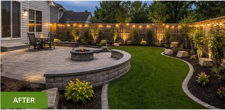 After — Bare backyard to paver-patio retreat