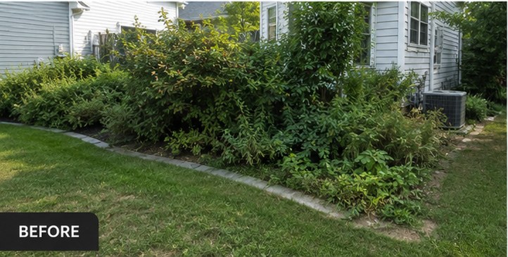 Before — Overgrown beds, replanted & clean-edged